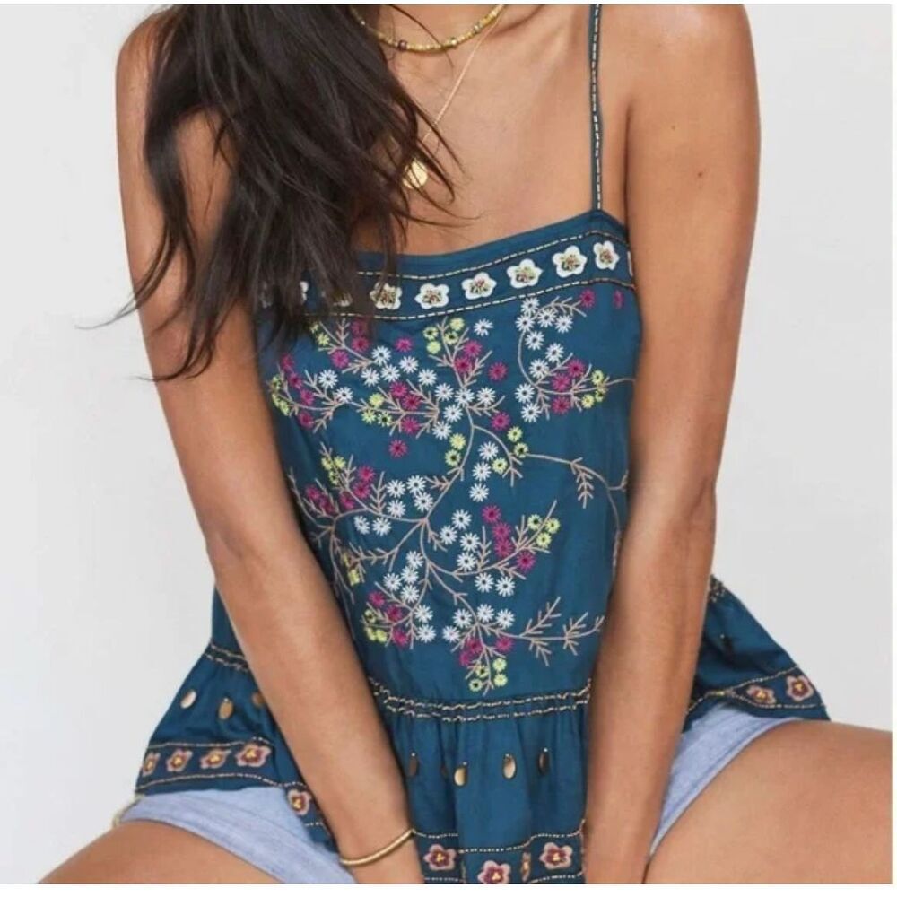 Anthropologie Luzia Teal Blue Embroidered Beaded Ruffle Boho Tank Top Shirt Blou